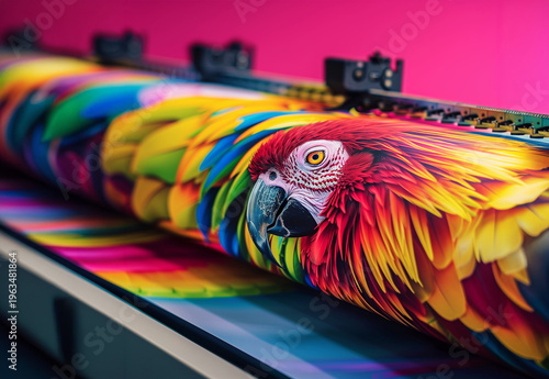 Vibrant Parrot Print Production Color Printer Concept high-resolution output workflow showcasing professional photo-quality imaging technology used for commercial print