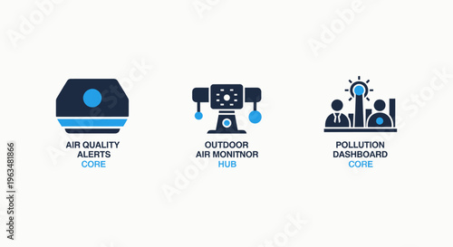 Icons for environmental monitoring including air quality, outdoor networks, and pollution dashboards, representing ecological data and urban management for sustainability