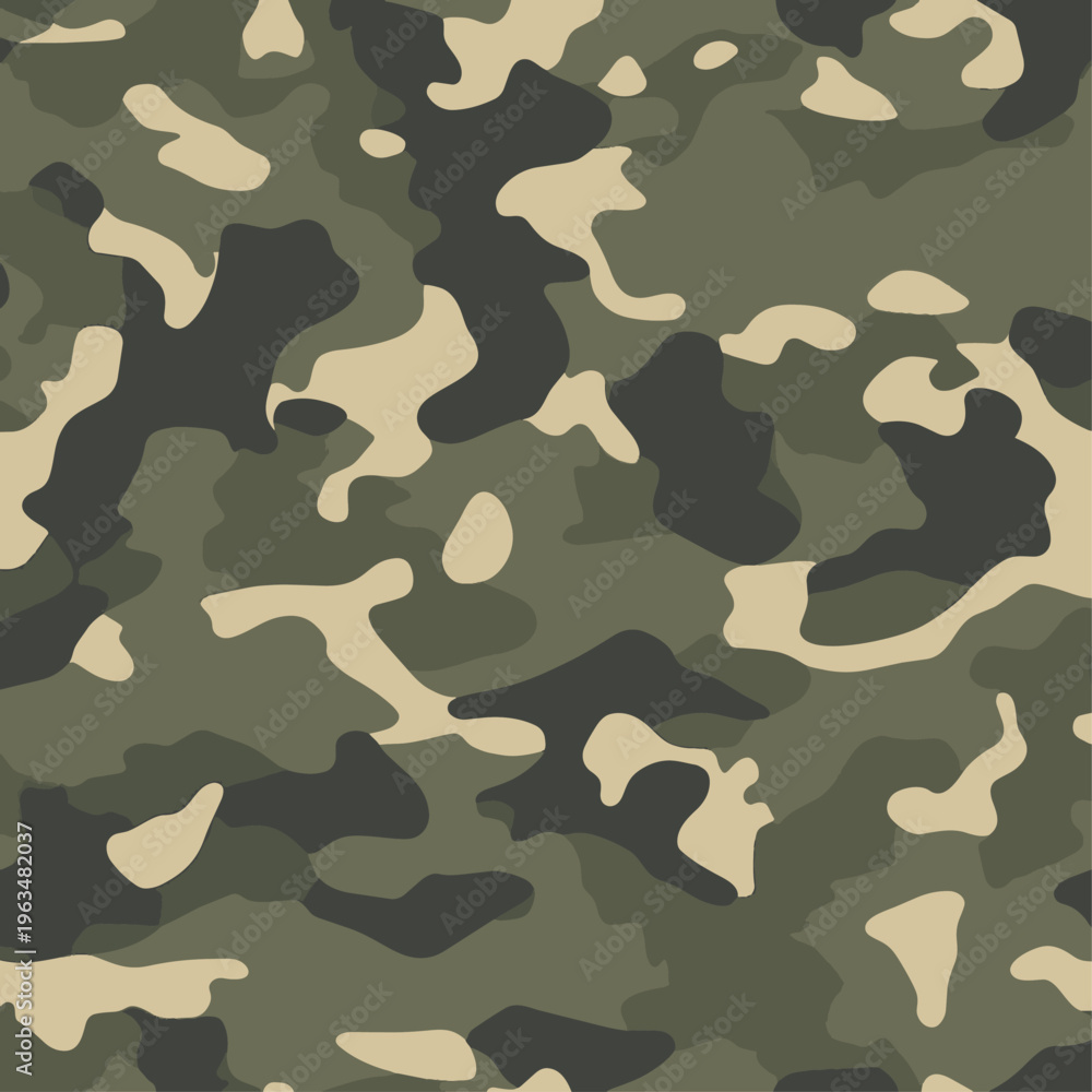 Fototapeta premium Seamless military camouflage vector pattern. Trendy woodland army background for textile fabric apparel hunting gear. Modern tactical olive khaki wallpaper, abstract organic shapes design element.