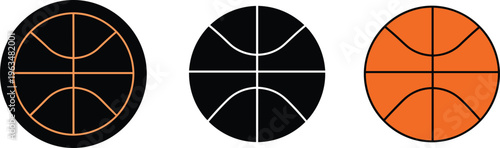 Basketball Ball Icon Set Featuring Black Silhouette Outline and Orange Flat Designs for Sports Logo Team Graphics and Athletic Competition
