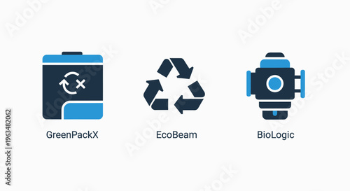 Recycling and ecology icons: green bin, recycle symbol, and biologic process icons for environmental sustainability concepts