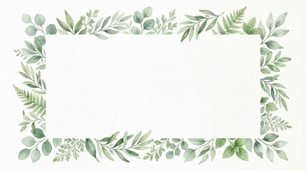A beautiful arrangement of green leaves and foliage in a rectangular border frame on a white background with various plants