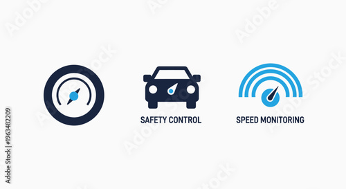 Automotive safety and speed control icons: compass navigation, car safety, speedometer