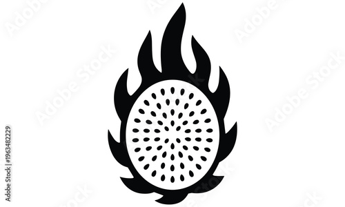 Vector graphic illustration of a white circle with black oval shapes surrounded by flame design