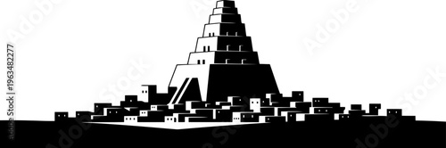 Ur silhouette featuring towering ziggurat with surrounding low buildings.