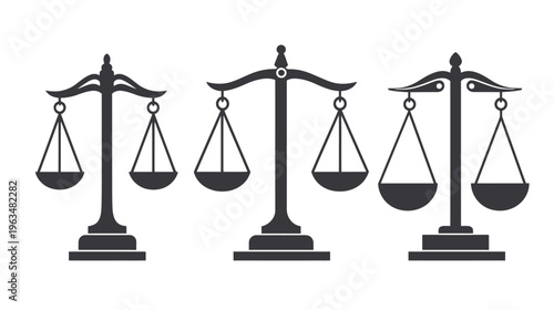 Three stylized grayscale depictions of balances, symbols of justice and fairness, on a white background