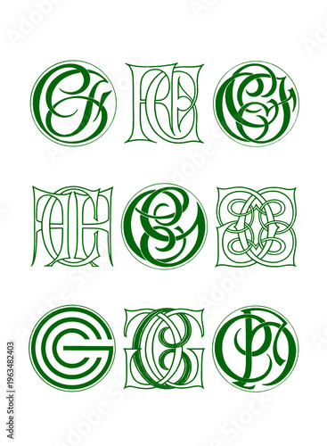 Monogram initials combinations, decorative interlocking letters in green and white line art, isolated on white background.