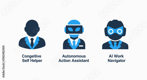 Ai and automation icons: cognitive self helper, autonomous assistant, AI work navigator figures