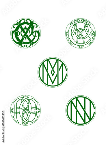 Monogram initials combinations, decorative interlocking letters in green and white line art, isolated on white background.