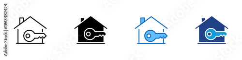 Property Access Multiple Style Icon Design Vector - House with key beside structure representing property security, access control, and home management