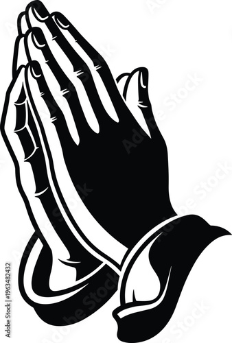 Black and white vector illustration of praying hands joined together in prayer, representing faith, spirituality, religion, hope, and worship.