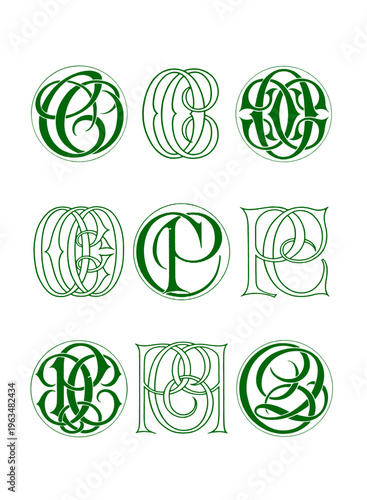 Monogram initials combinations, decorative interlocking letters in green and white line art, isolated on white background.
