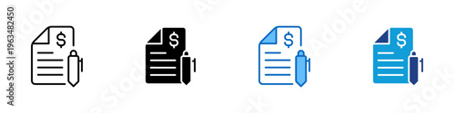Signed Invoice Multiple Style Icon Design Vector - Financial document with pen and dollar symbol representing invoice approval, payment authorization, and billing confirmation