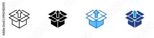 Unboxing Multiple Style Icon Design Vector - Open box with upward arrow representing unboxing experience, product reveal, and customer delivery interaction