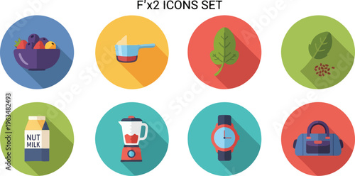 Flat healthy lifestyle icons set, 8 colorful fitness and nutrition vector elements, smoothie blender and gym bag symbols for wellness apps