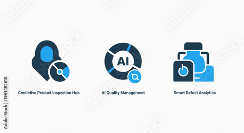 Ai and data icons: data analysis, AI management, and data storage symbols, artificial intelligence