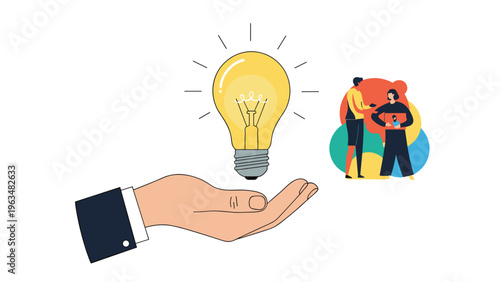 Business innovation and creative idea concept showing a hand holding a glowing bright lightbulb with a collaborative working team.