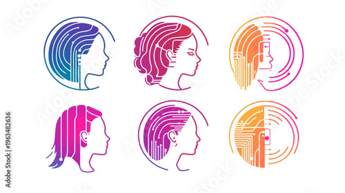 Six stylized head profile silhouettes with circuit board designs, enclosed within circles, using gradient colors