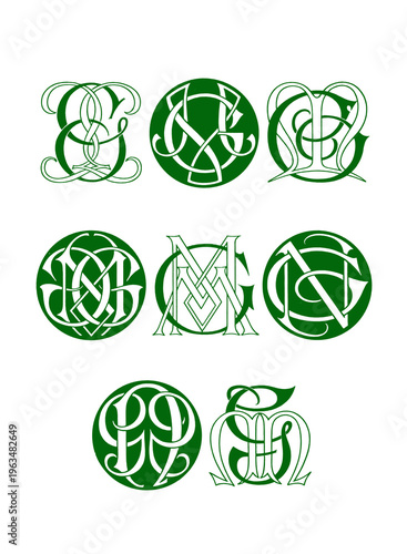 Monogram initials combinations, decorative interlocking letters in green and white line art, isolated on white background.