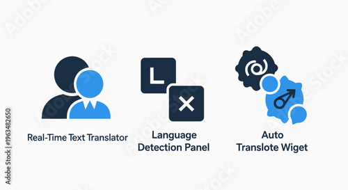 Communication icons: real-time translator, language detection panel, auto translation widget - technology and connectivity concepts