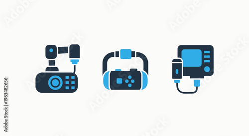 Technology icons: projector, vr headset, and screen with cables, representing entertainment, virtual reality, and connectivity