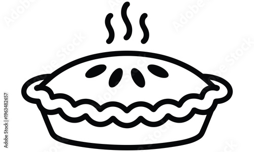 Steaming hot pie in a black line art illustration style