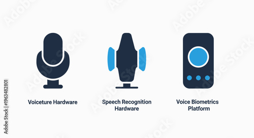 Voice recognition hardware icons: microphone, speech module, smartphone interface representing digital assistant technology and AI, voice command