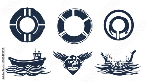 Collection of nautical-themed icons in dark blue, featuring life preservers, boat, wings, and water splash