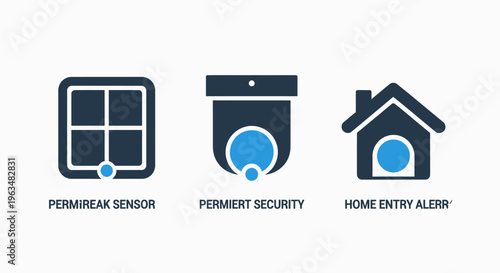 Home security system icons: window sensor, security camera, door entry alert representing property protection and safety technology, home automation