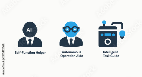 Artificial intelligence icons: AI assistant, autonomous operator, intelligent task guide representing future automation and smart technology