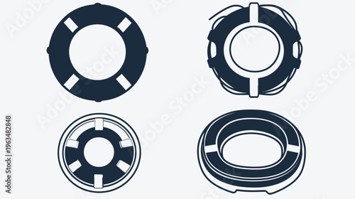 Four stylized illustrations of life preservers in various designs and angles on a white background