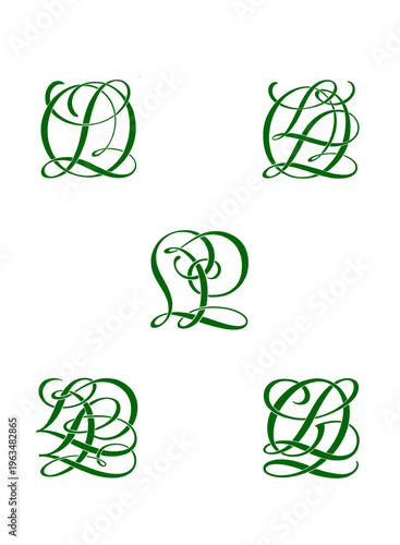 Monogram initials combinations, decorative interlocking letters in green and white line art, isolated on white background.