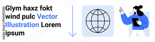Global communication, digital connectivity, online learning, digital transformation, global outreach, technology. Person pointing at a globe icon. Global communication and digital connectivity