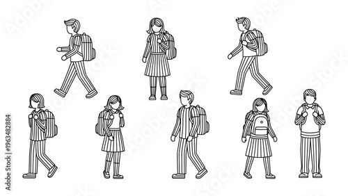 School Children Going to School: A collection of school children, each with backpack, walking and preparing for learning in a school.