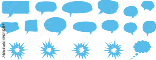 Blue Comic Speech Bubbles Set with Thought Clouds and Explosive Burst Shapes for Manga Pop Art Chat Communication Design Elements