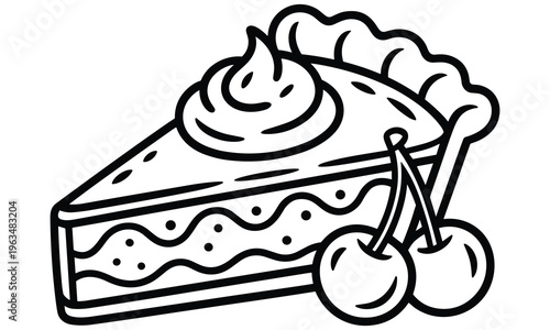 A vector illustration of a slice of cake with whipped cream and two cherries on the side
