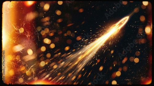Bright glowing rocket leaving a fiery trail against a dark scratched film texture backdrop