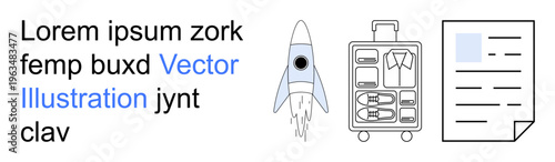 Travel planning, organization, space exploration, document management, adventure, creative design. A rocket, a packed suitcase and a document. Travel planning and space exploration concepts