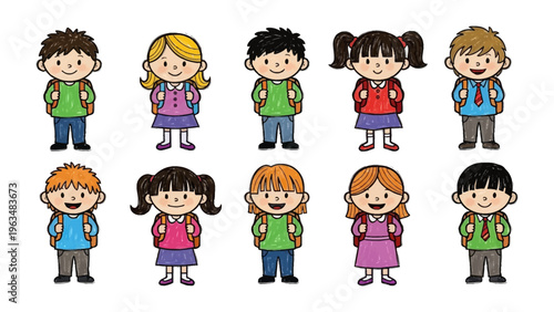 A Gathering of Young Learners: A charming illustration depicts a diverse group of young students, each with their own unique style, ready for their day.