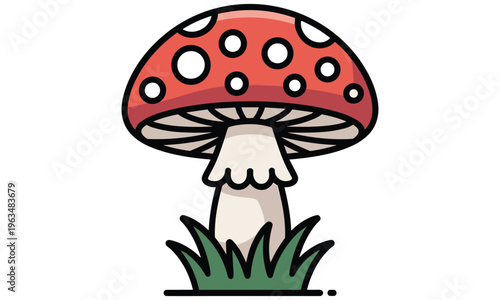 A vibrant red mushroom with white spots grows in green grass