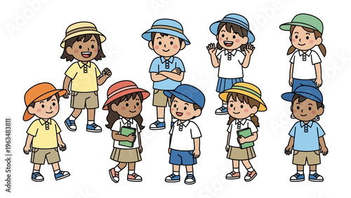 School Children: A group of school children in uniform, engaging in a variety of activities, representing the diversity and energy of youth, and the journey of education and growth.