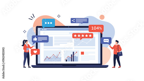 People interacting with a website on a laptop showing various engagement metrics, charts, star ratings, and social media notifications.