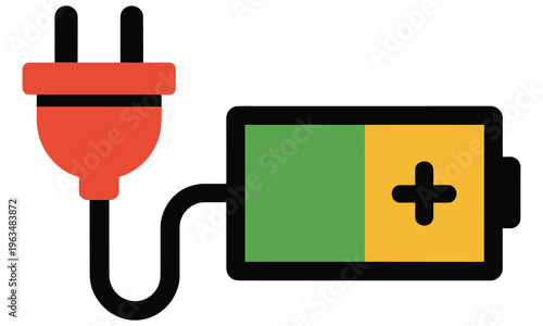 Vector graphic illustration of a power plug connected to a battery symbolizing energy supply and charging