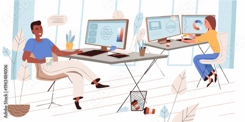 Modern Creative Graphic Designer Workplace Illustration With Two People Working Together