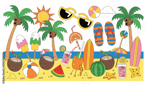 "Vibrant Cartoon Summer Beach Illustration with Palm Trees, Sun, Sunglasses, Flip-Flops, Coconut, Ice Lollies, Beach Balls, Surfboards, Starfish, Watermelon, Cocktails, and Lemonade"