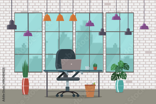 Modern Flat Design Interior Office Room with Furniture and Laptop Illustration