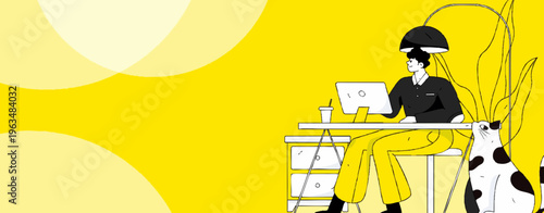 Stylish Illustration of Young Professional Working at Desk with Pet Cat Indoors