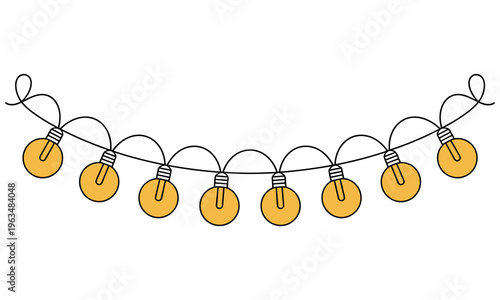 A string of yellow light bulbs on a black wire