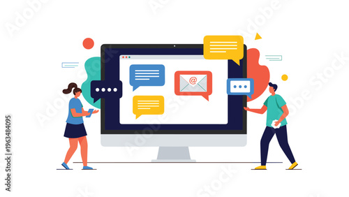 Man and woman standing by a large computer screen displaying various email and chat notification bubbles for digital communication.