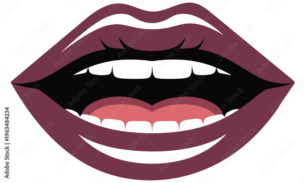 Fototapeta premium Vector graphic illustration of a smiling mouth with heart shaped tongue and purple lips